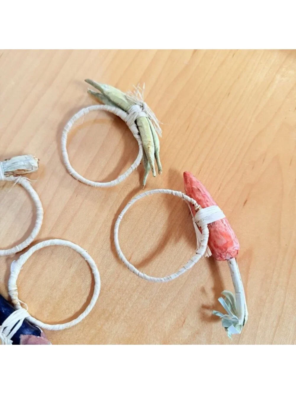 Set Four Napkin Rings Carrots Vegetables Onions Eggplant Pepper Farmhouse Picnic